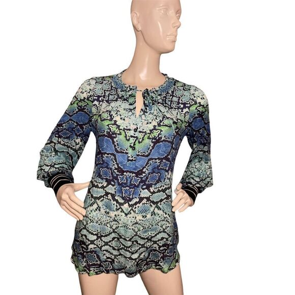Hale Bob Snakeskin Print Blouse Women’s Small Long‎ Sleeve Popover Blue - Picture 1 of 10